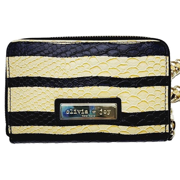 Olivia Joy New York Wallet Wristlet Yellow Black Faux Snakeskin Zip Metal Strap - Picture 3 of 10